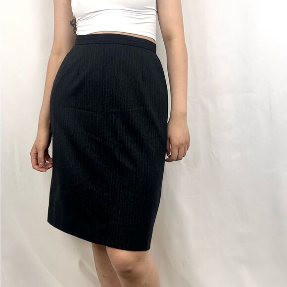 Vintage Ralph Lauren Dark Grey Pinstriped Wool Pencil Skirt - Picture 1 of 8